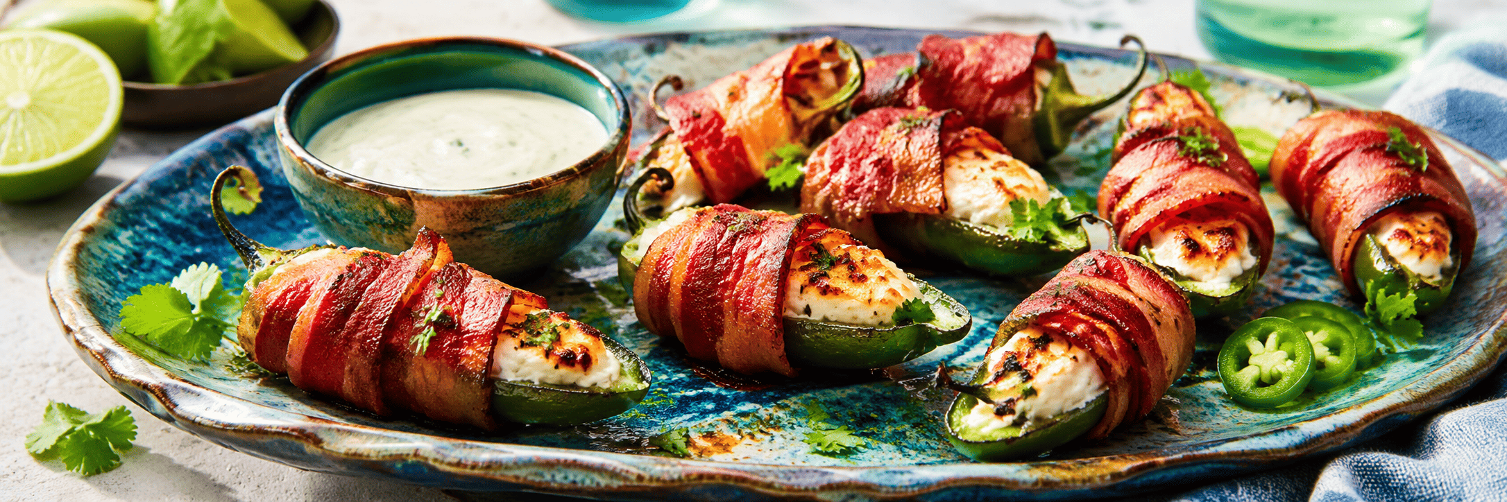 Bacon-Wrapped Jalapeño Poppers stuffed with creamy cheese and served with dipping sauce
