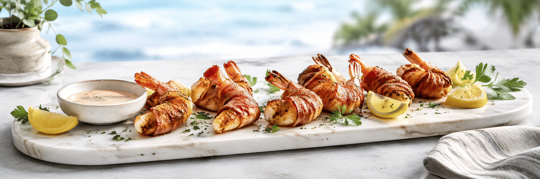 Bacon-Wrapped Shrimp appetizer served with dipping sauce and fresh lemon wedges