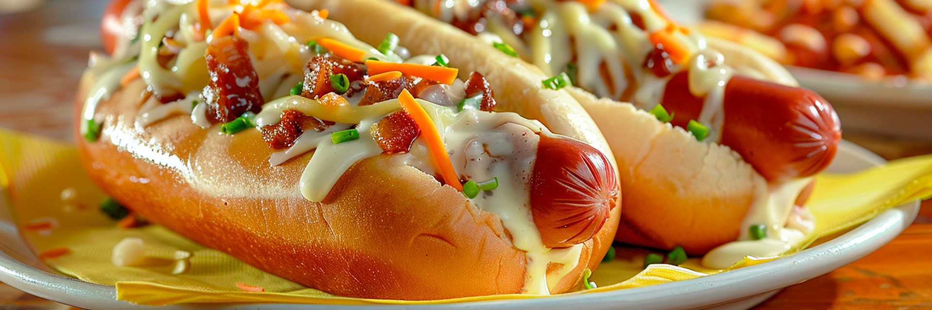 Classic Game Day Hot Dogs Recipe | Roatan Provision Classic game day hot dogs with cheese, bacon and fresh toppings from Roatan Provision