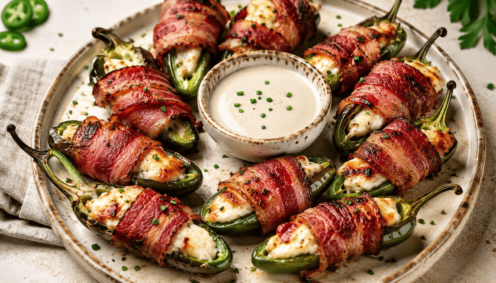 Bacon-Wrapped Jalapeño Poppers served with creamy dipping sauce