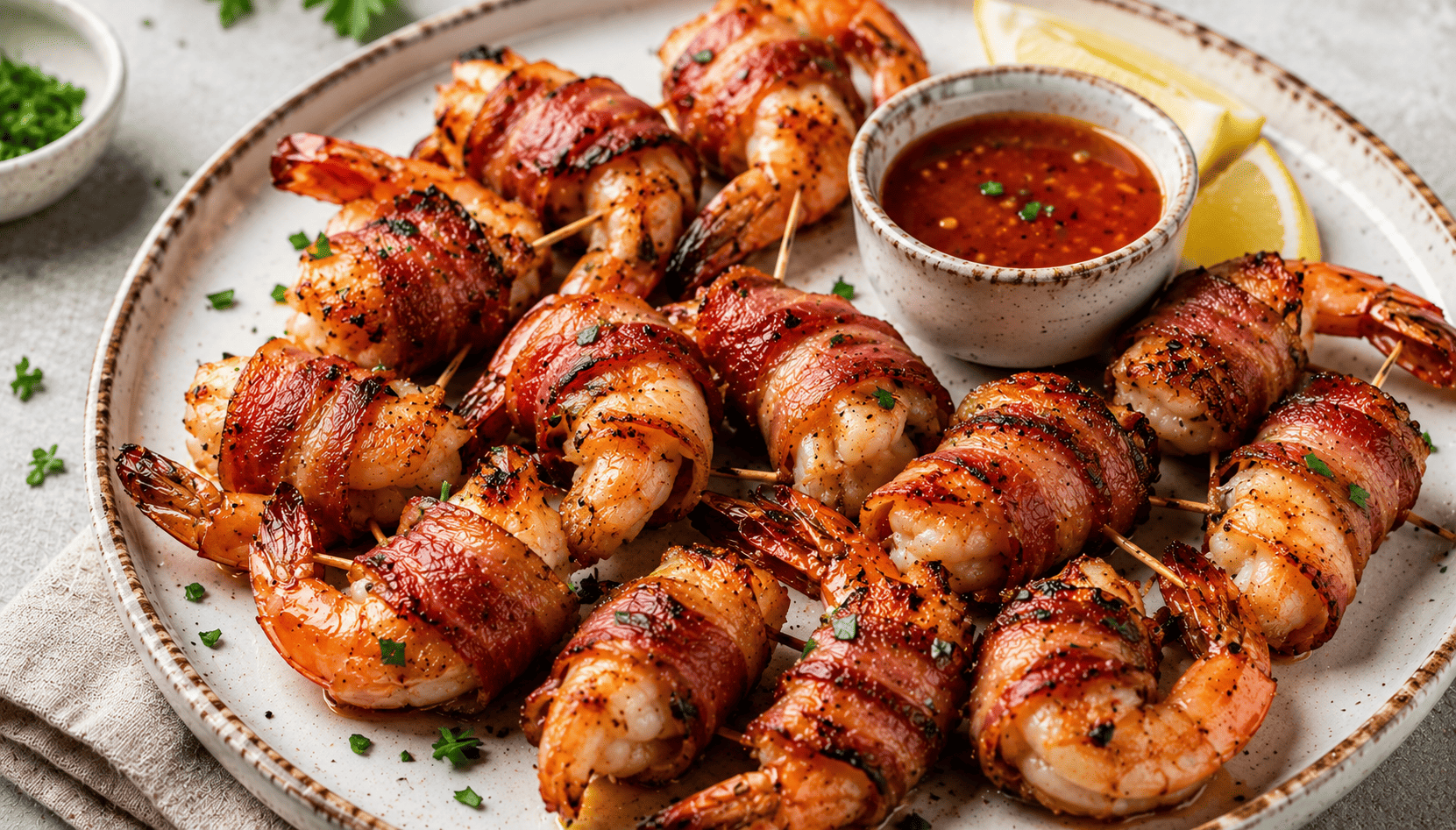 Bacon-Wrapped Shrimp served with dipping sauce and lemon wedges